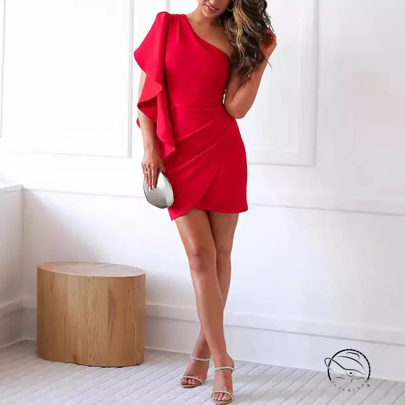 Red ruffled one shoulder dress cocktail evening gown