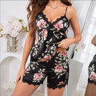 Elegant black satin Langry pajama set with floral print and lace trim