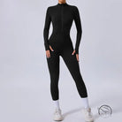 Black long-sleeved jumpsuit with comfy mesh stitching in Langry fashion