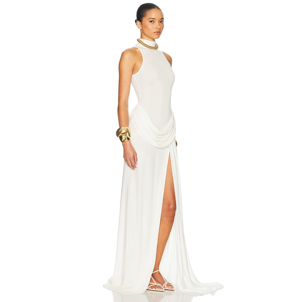 Elegant white halter neck langry fashion gown with high slit and draped chiffon fabric