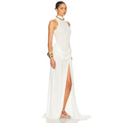 Elegant white halter neck langry fashion gown with high slit and draped chiffon fabric