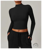 Black quick drying fitness sports outerwear: long-sleeved crop top with mock turtleneck