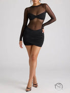 Black long sleeve mesh mini dress on model