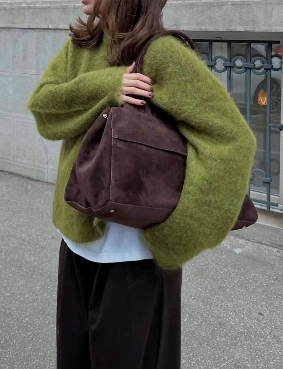 Olive green wool alpaca fuzzy sweater with brown leather bag