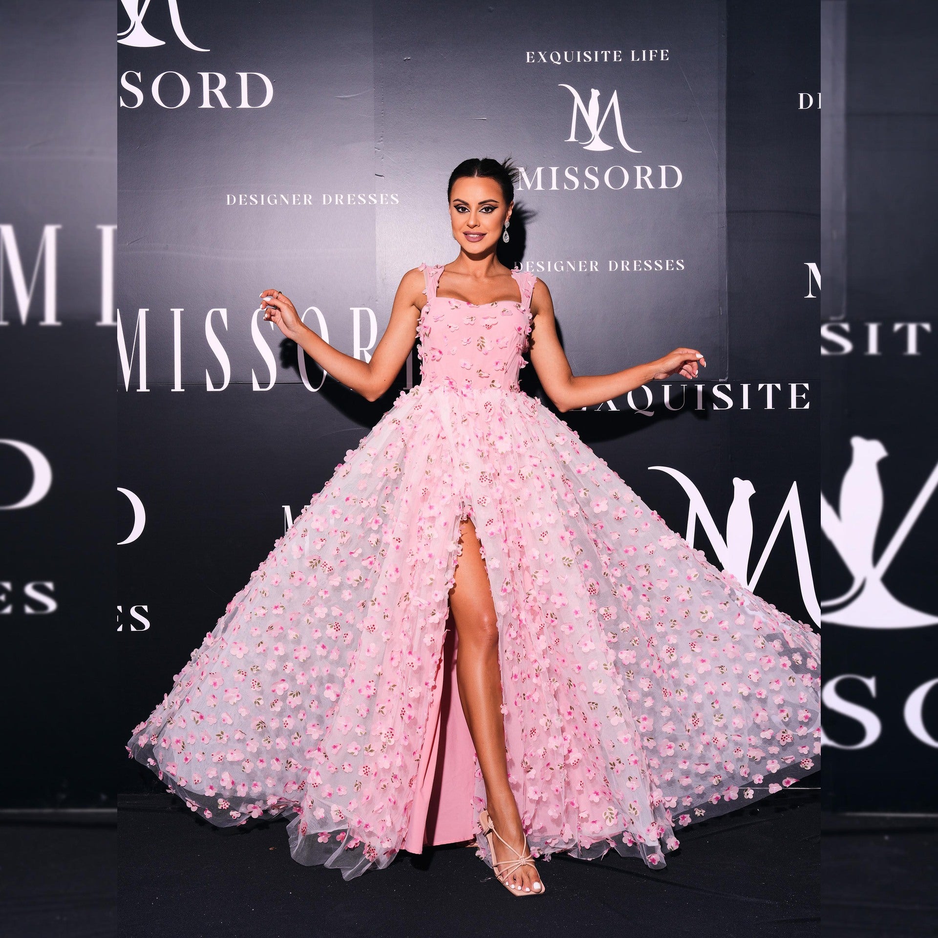 Elegant pink floral gown featuring an elegant square collar and bohemian wide hem
