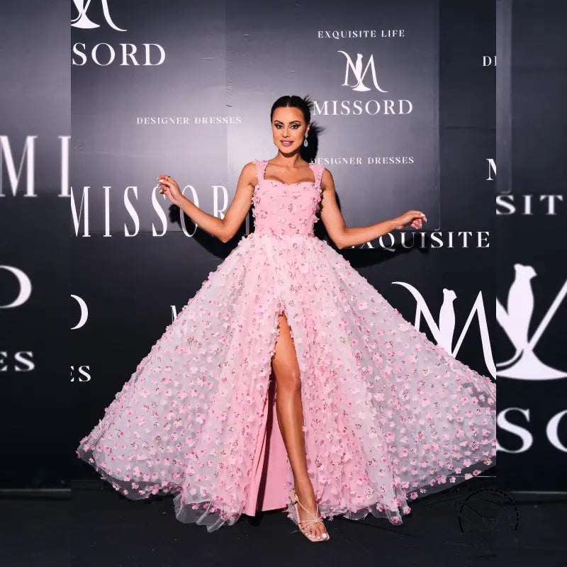 Elegant pink floral gown with square collar and wide hem