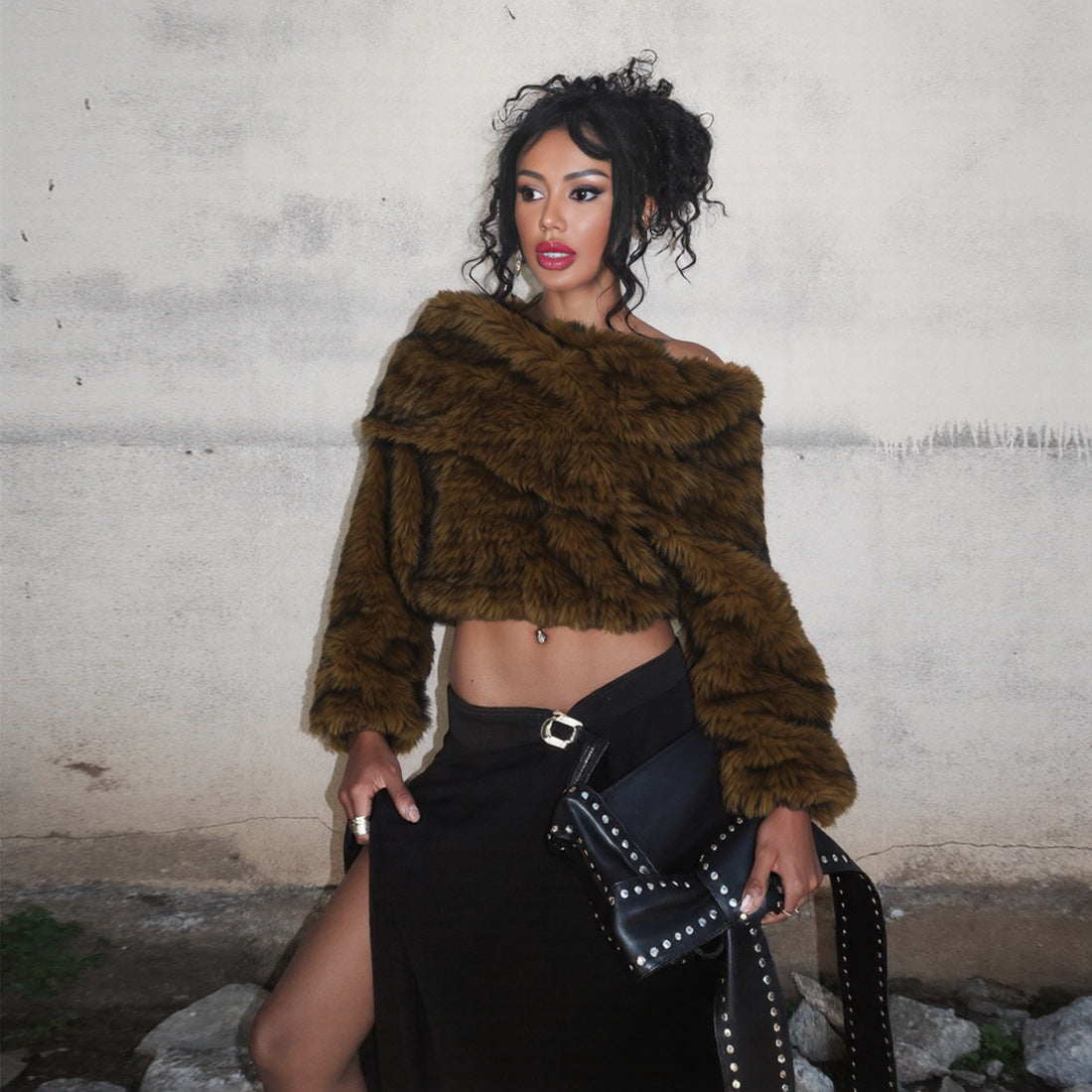 Cozy off-shoulder langry fashion plush top in brown fur with black studded accents