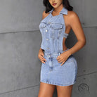 Halter backless denim dress in stylish blue fabric