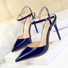 Langry fashion blue patent leather slim fit strap high heel pumps
