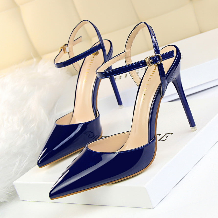 Langry fashion blue patent leather slim fit strap high heel pumps