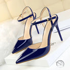 Blue leather slim fit strap high heel pumps with pointed toes