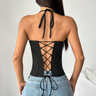 Langry fashion black ribbed lace-up corset top with thin straps