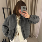 Gray langry tweed bomber jacket with oversized pockets, cozy woolen fashion coat