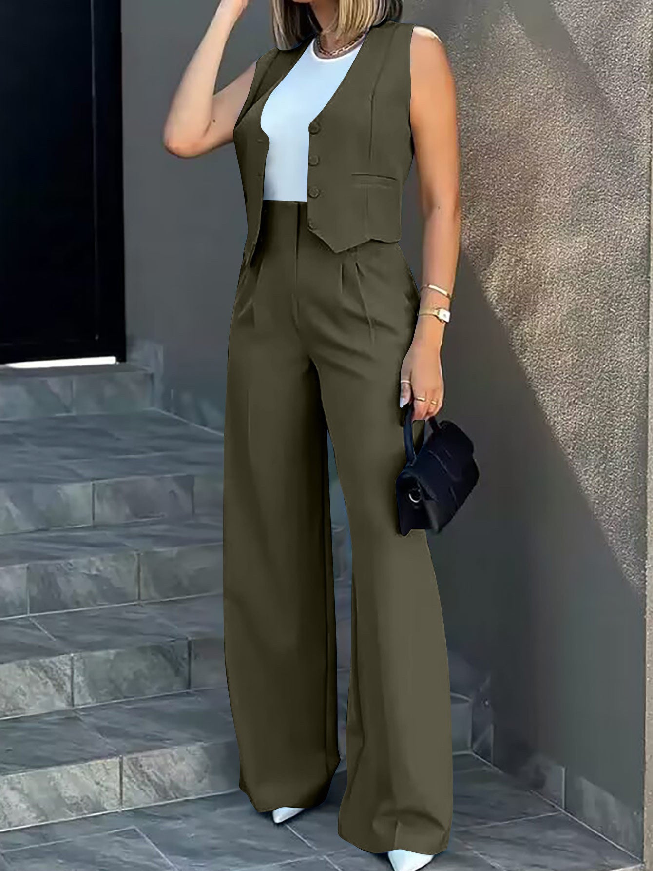 Olive green Elegant Vest Jacket Wide Leg Pants Set for trendy langry fashion ملابس