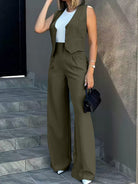 Olive green Elegant Vest Jacket Wide Leg Pants Set for trendy langry fashion ملابس