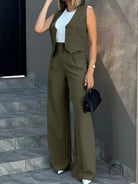 Elegant vest jacket wide leg pants set in olive green
