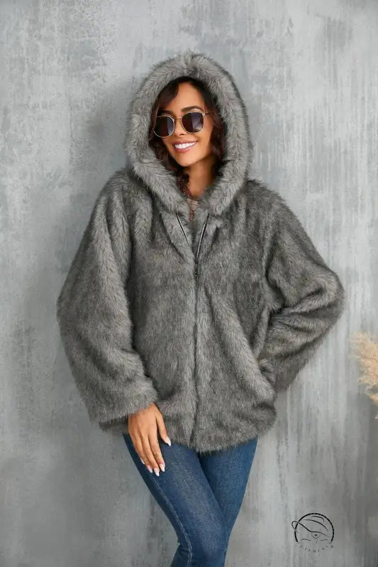 Langry faux fur loose coat with gray fluffy hooded design