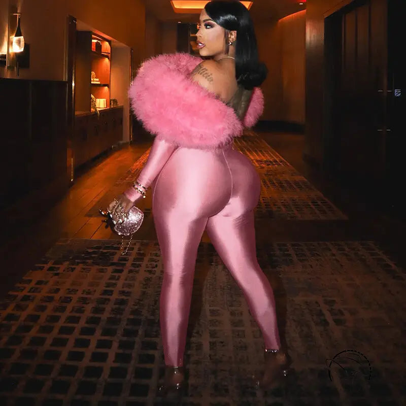 Pink long sleeve furry fashion bodysuit with off-shoulder collar and heels