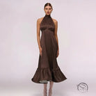 Brown polka dot halter neck satin dress with ruffled hem