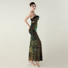 Green sequined strapless langry fashion gown with ostrich feather detail