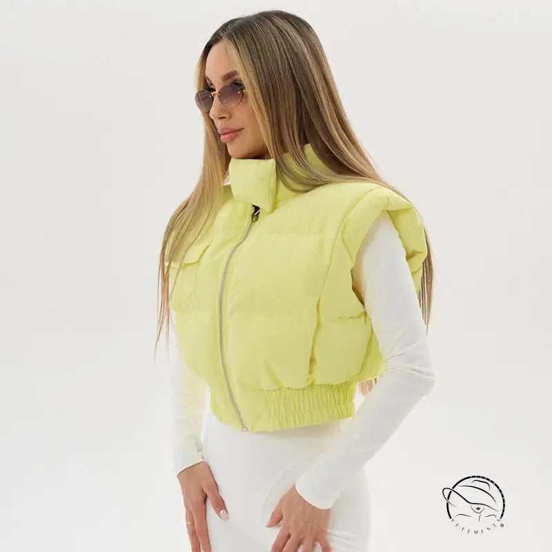 Langry yellow puffer vest with zipper and fringe detailing in fashion ملابس