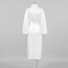 Elegant white satin langry robe with long sleeves and tie belt for comfortable homewear fashion