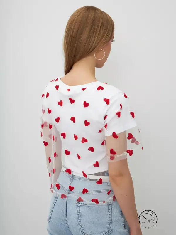 Elegant faux cotton short top with red heart pattern