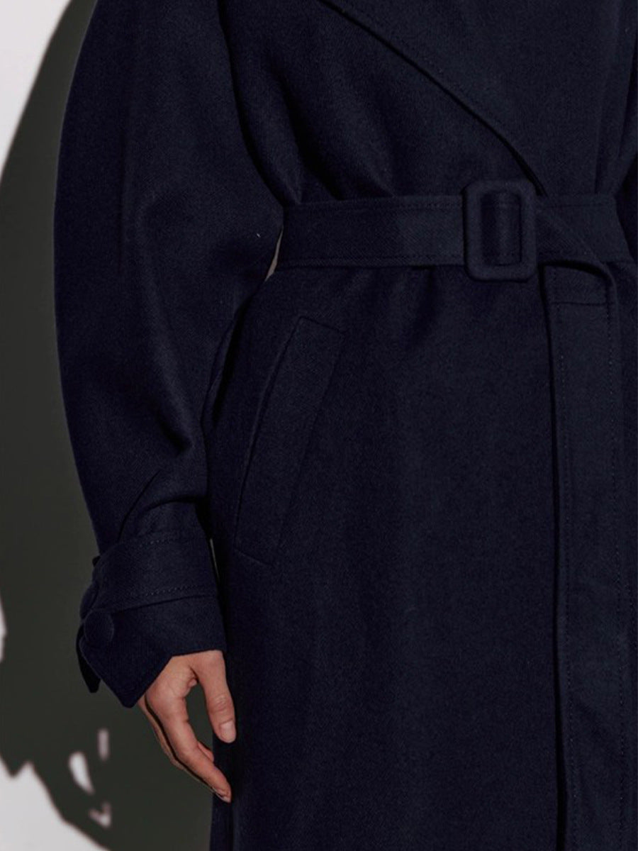 Sleek dark navy wool trench coat with belt and lapels from Langry fashion ملابس