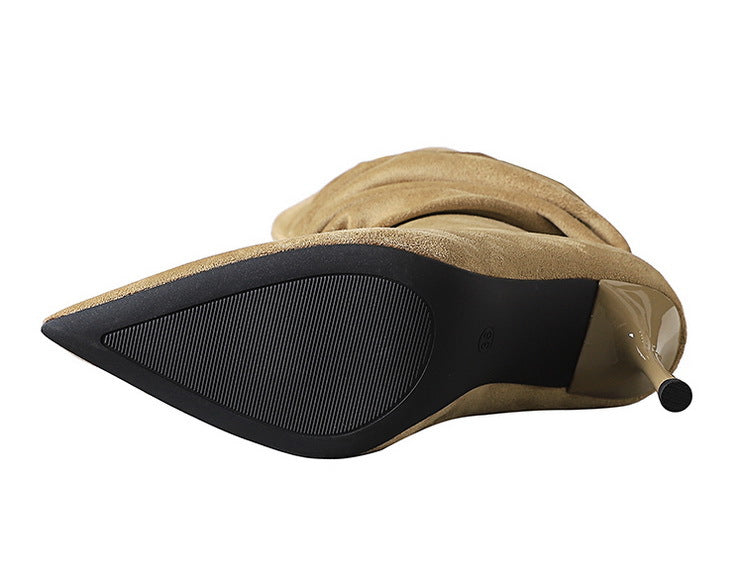 Tan suede Langry fashion boot with black sole and transparent heel