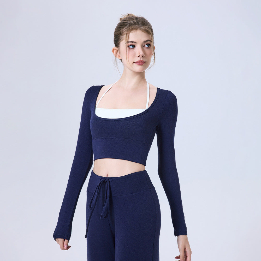Langry navy blue ribbed crop top for yoga running fashion ملابس