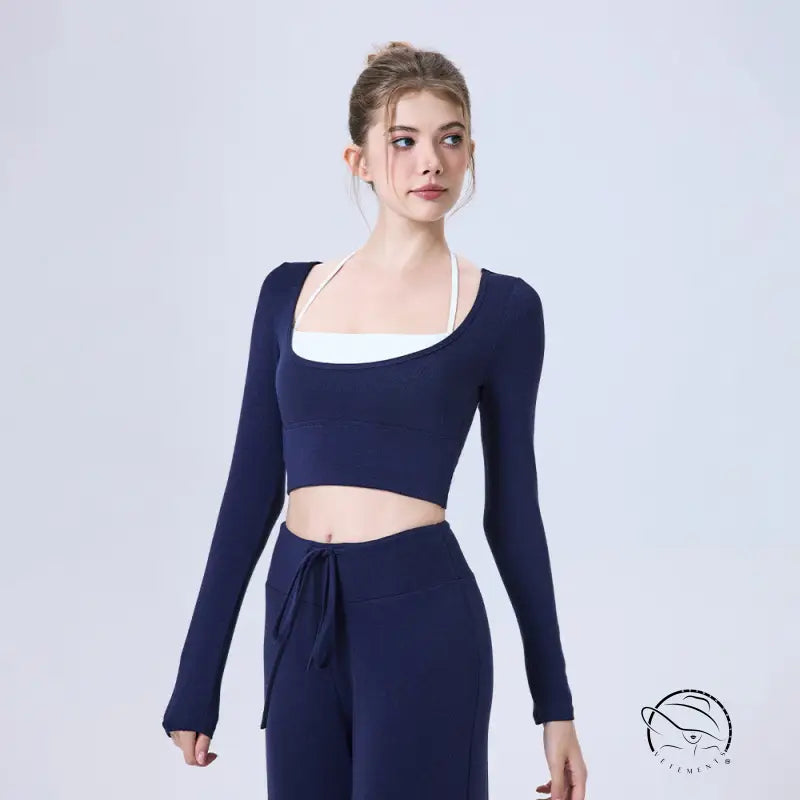 Navy blue langry fashion yoga crop top with white square neckline