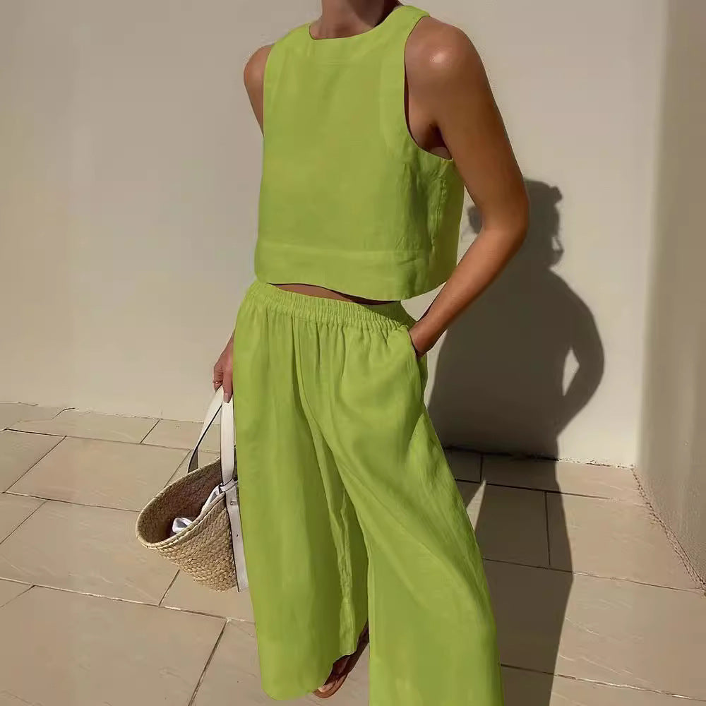 Lime green two-piece Casual Loose Sleeveless Shirt Set for stylish langry fashion ملابس