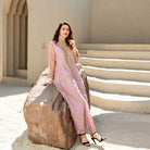 Enchanting Middle East langry fashion swing dress with lavender lace, gold embroidery, and high heels