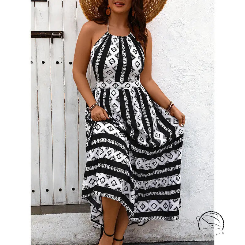 Black and white patterned halter Vacation Bare maxi dress