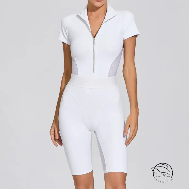 Tight Waist Open Collar Zipper Short Sleeve Yoga Jumpsuit Women Patchwork Fitness Sports