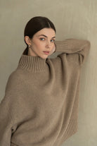 Beige oversized Langry winter loose knitwear sweater with ribbed high neckline