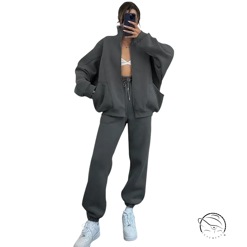 Dark gray comfy stand collar cardigan sweater suit with joggers