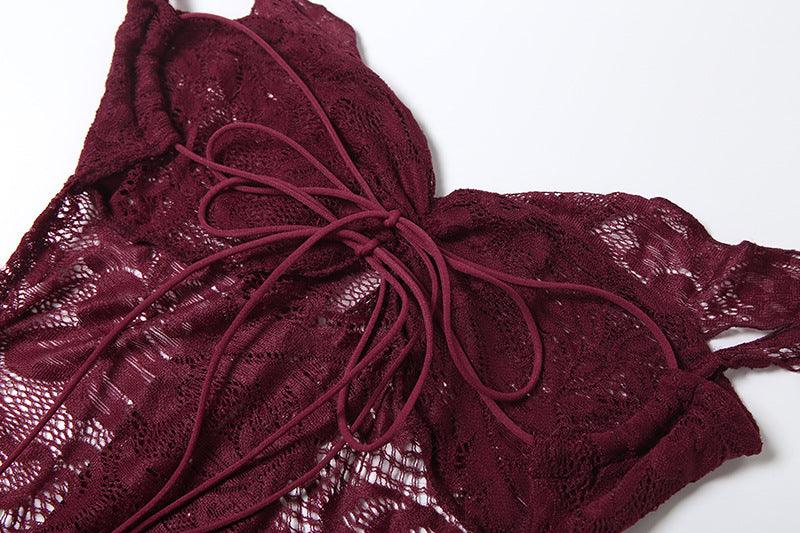 Burgundy lace bra with bow detail in elegant slim fit tube top dress fashion