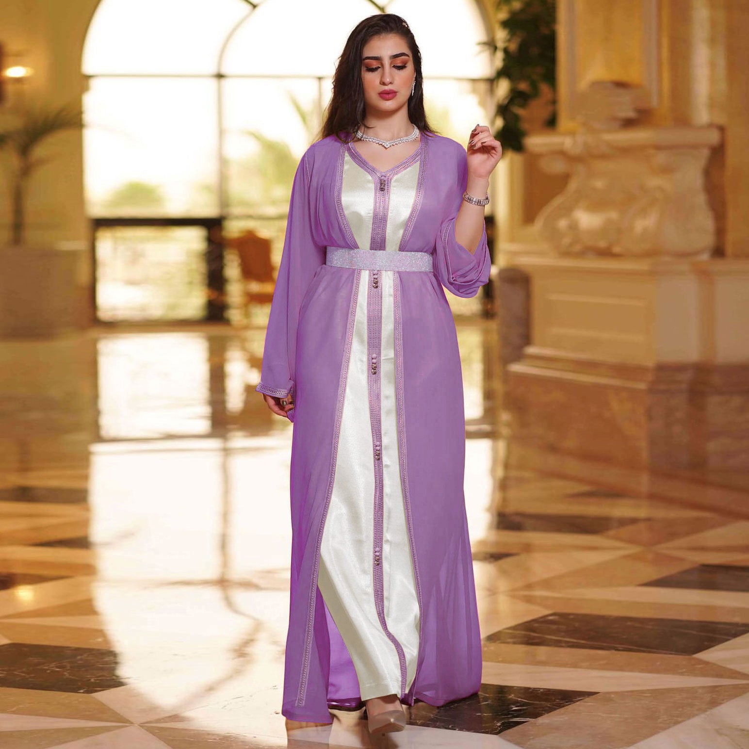Elegant lavender langry fashion abaya with white panel and silver embellishments