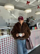 Gorgeous faux fur fox jacket in brown with red cap and polka dot bag
