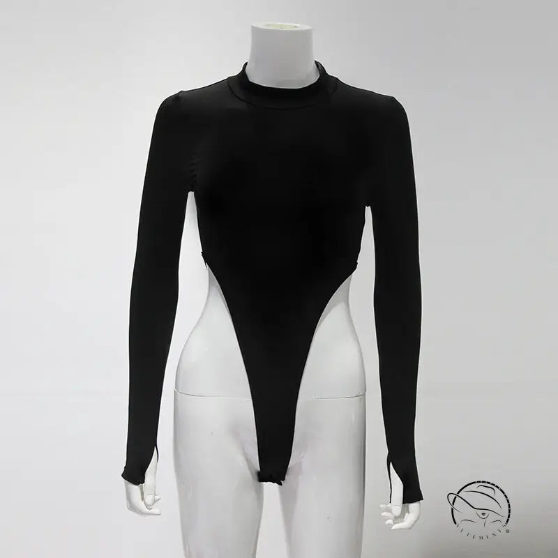 Black solid color hollow cutout cropped tight long-sleeve bodysuit