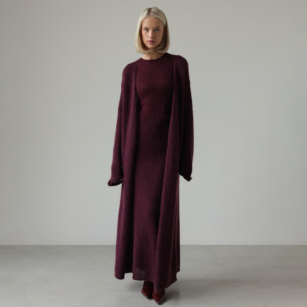 Maroon knitted cardigan sleeveless dress with long sleeves and high neck