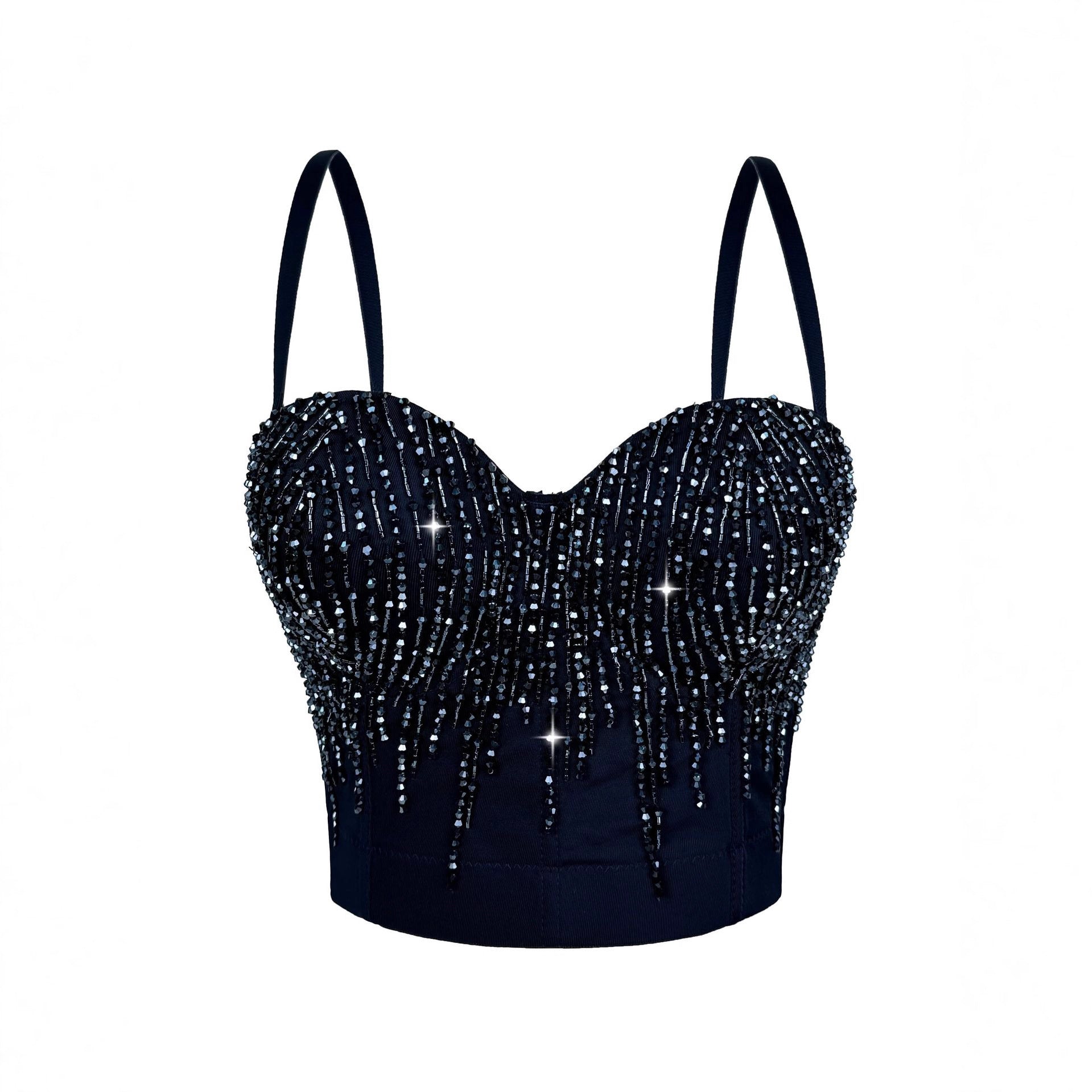 Elegant black beaded crop top corset with silver accents in Langry fashion
