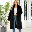 Long warm faux fur plush coat in black, plush long-length fashion design