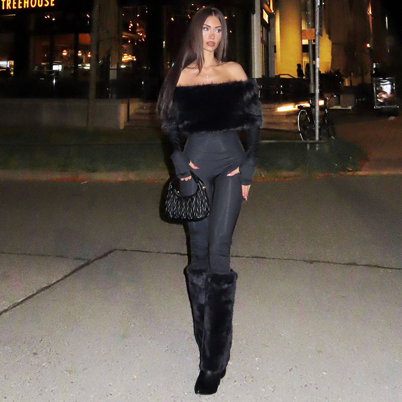 Elegant langry fashion ملابس: furry slim fit patchwork jumpsuit with black fur trim
