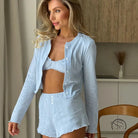 Light blue breathable long ribbed loungewear set with bralette, cardigan, shorts