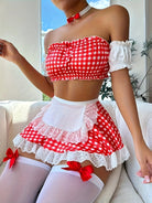 Red and white gingham lingerie suit fashion uniform maid outfit for elegant styling