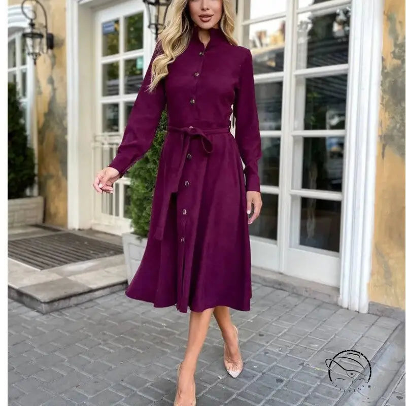 Burgundy button-down midi elegant daily dress