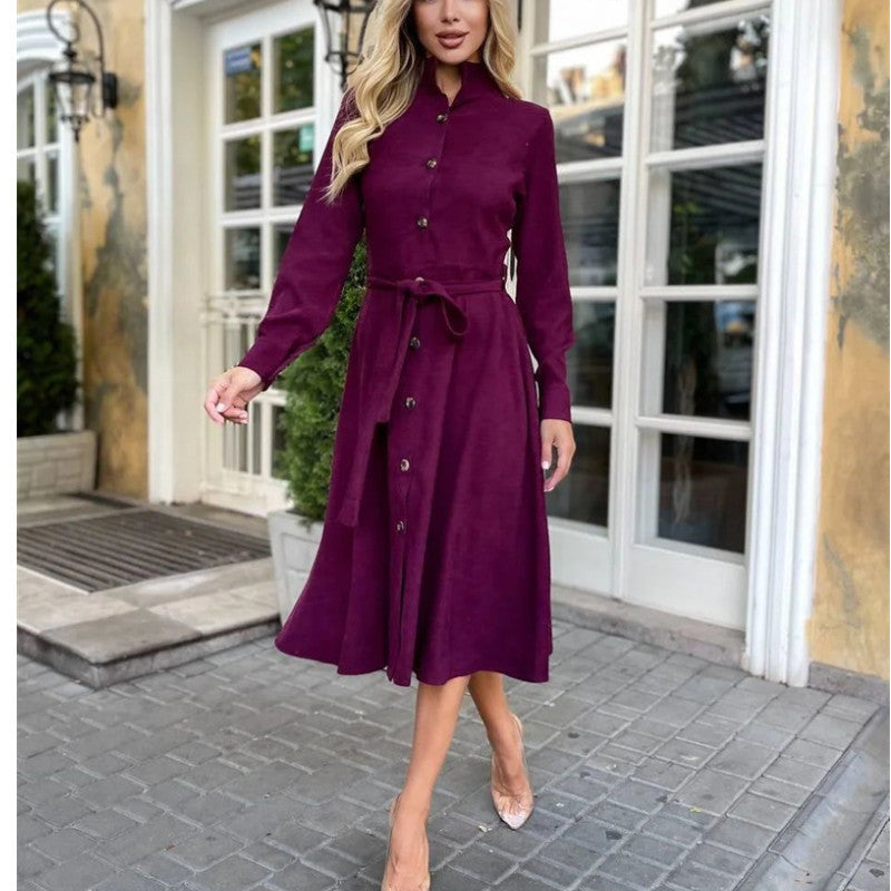 Burgundy button-down midi dress from Elegant Daily Dress, perfect for an elegant daily look