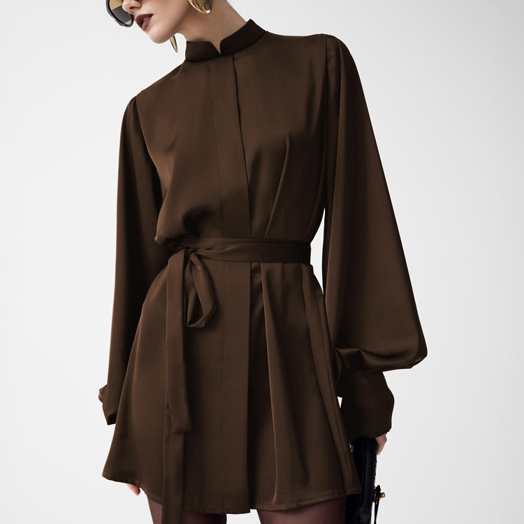 Sleek chocolate-brown satin A-line short dress with lace-up, high collar, voluminous sleeves in Langry fashion ملابس